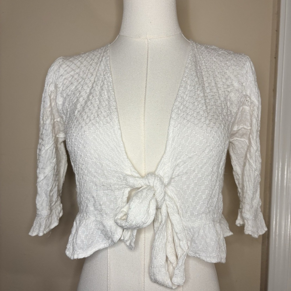 Rebellion Again Knot Crop Tie Top Women S White Boho Ruffled Cottagecore Peasant